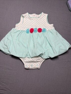 Little Me Mint & White Striped Bubble Romper with Pink and Aqua Rosettes